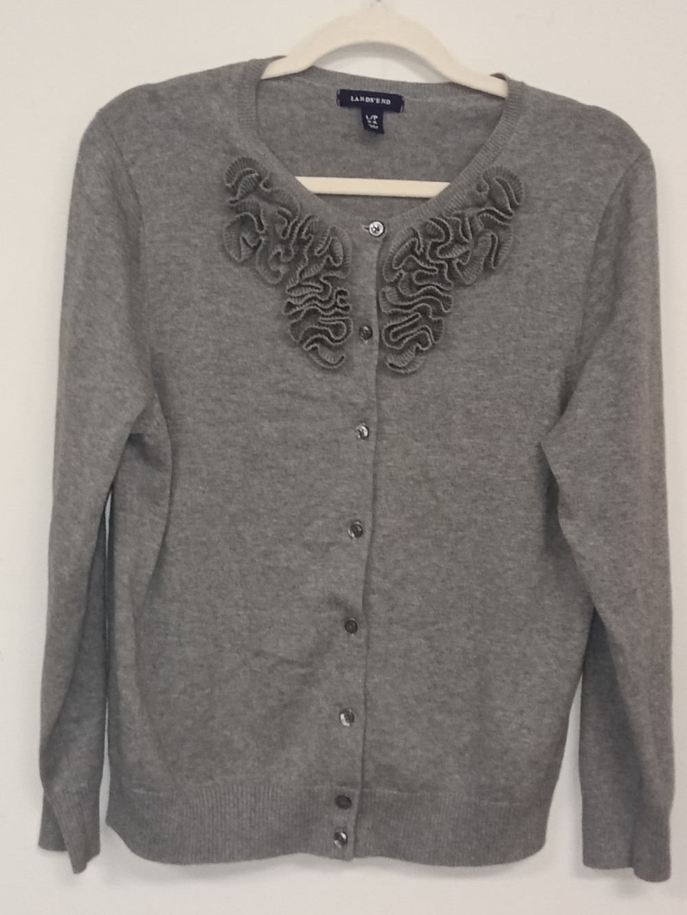 Lands' End Gray Ruffle-Trim Lightweight Cardigan Sweater Minimalist Preppy LP